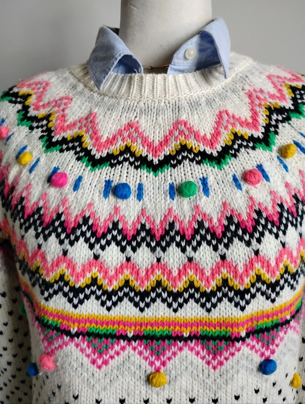 Talbots Pom Pom Fair Isle Crewneck Sweater Colorful Classic White Size Medium P